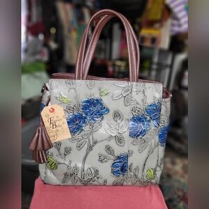 NWT...Firenze Bella Floral Embossed Leather Gray and Blue Handbag